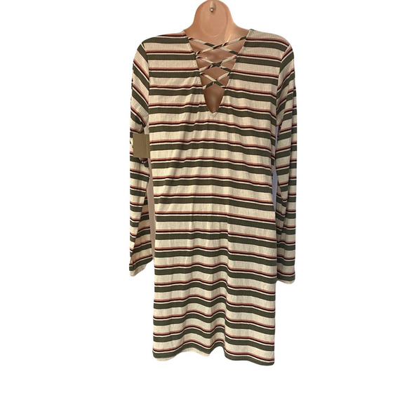 PPLA Lace-Up Back Ribbed Casual Long Sleeve T-Shirt Dress Ivory Olive Peach Wine - Picture 4 of 8
